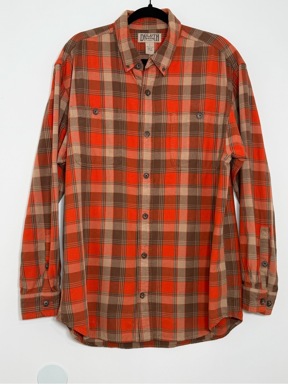 Duluth Trading Co Men’s Large Orange Brown Plaid Cotton Button Down Shirt